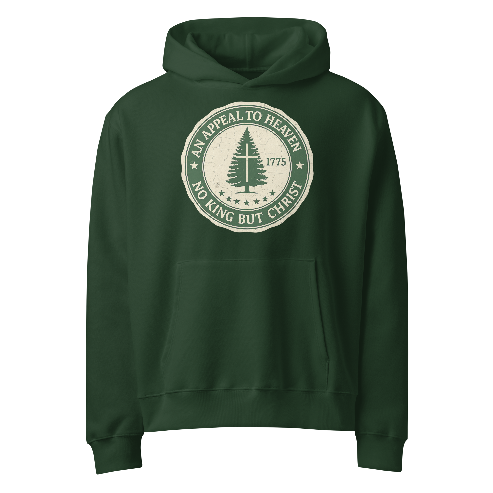 No King But Christ Appeal to Heaven 1775 seal green hoodie front view – Glenn Beck Shop