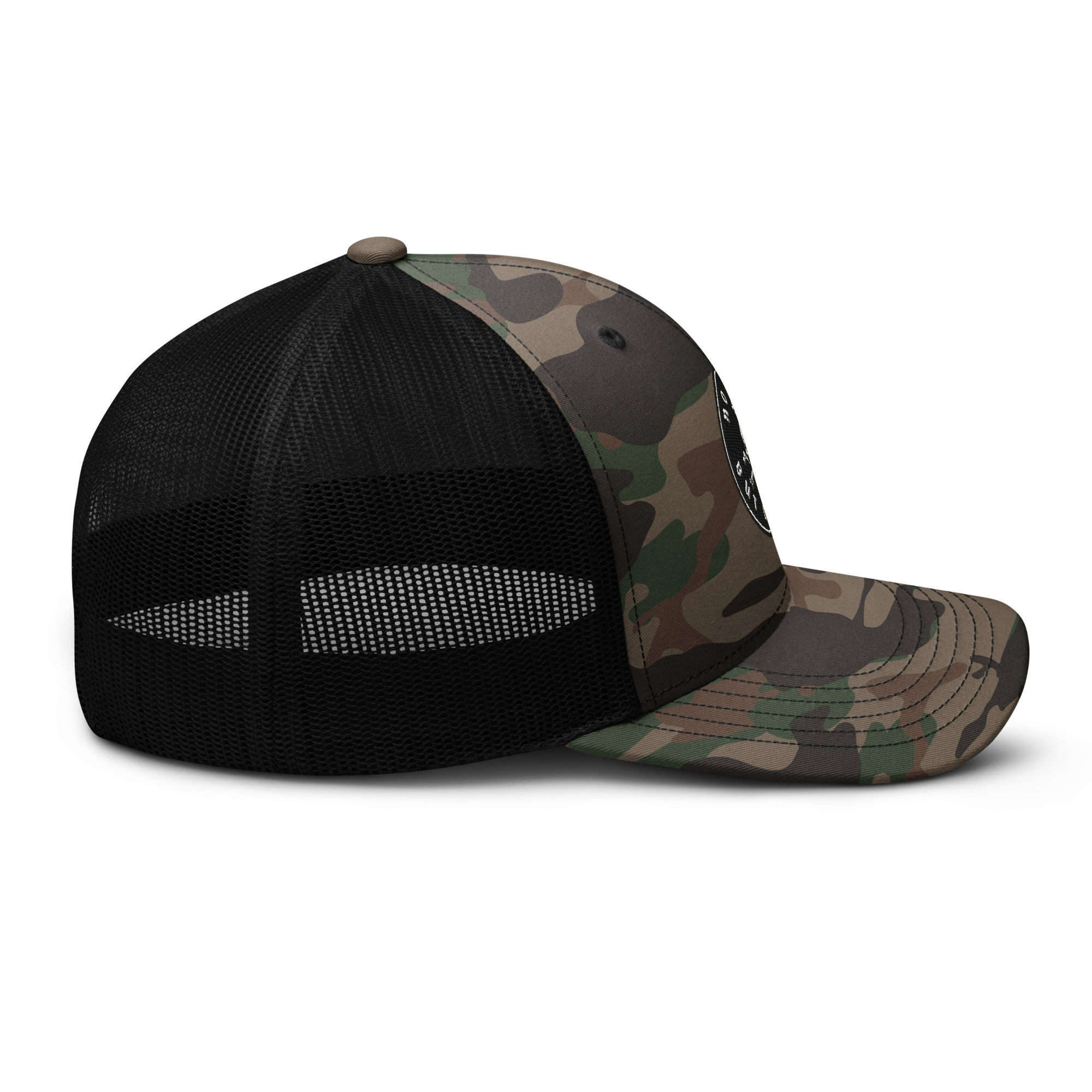 No King But Christ Camouflage Trucker Hat right side view