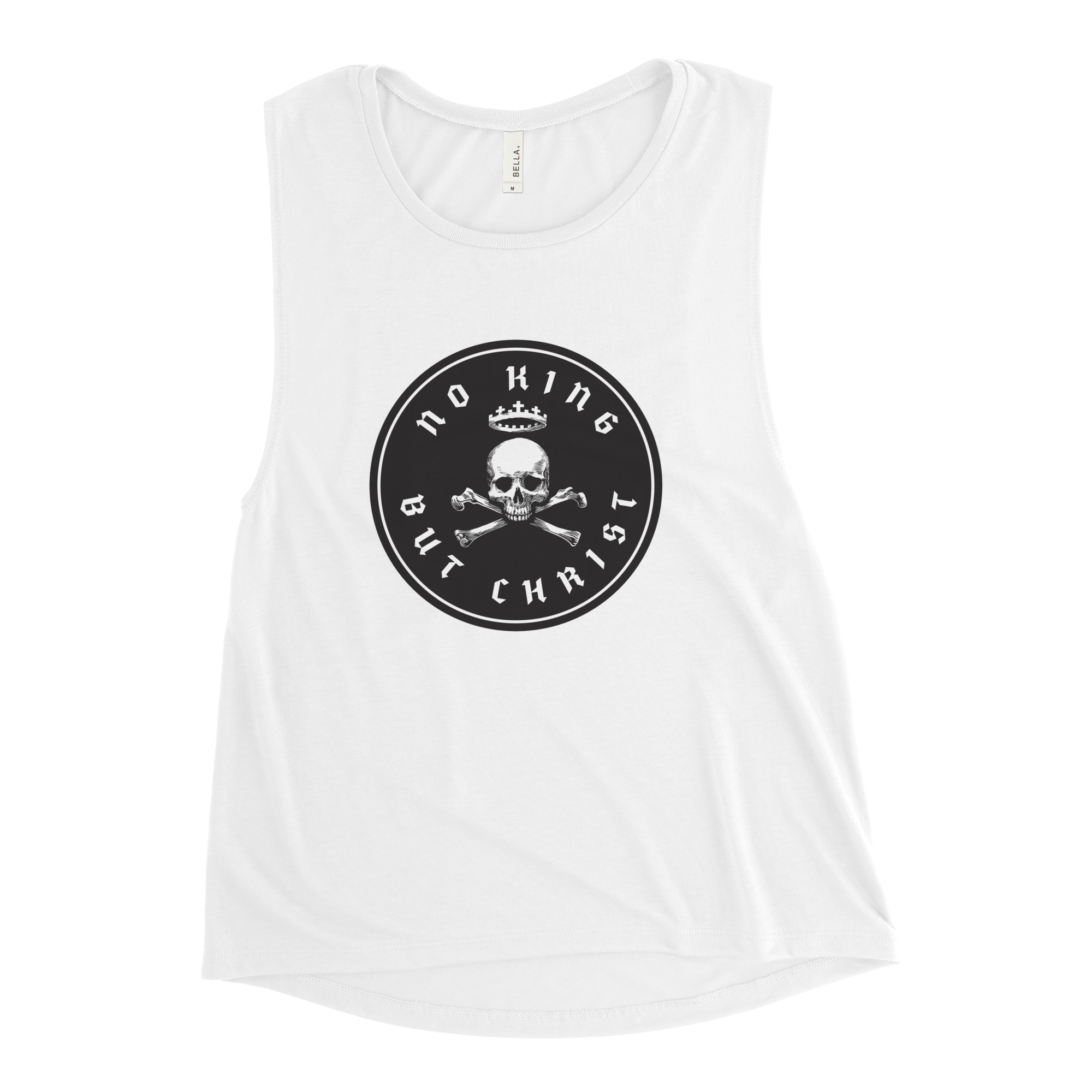 No King But Christ seal women's flowy muscle tank in white flat lay front view featuring black crowned skull-and-crossbones emblem, faith-based apparel by Glenn Beck Shop