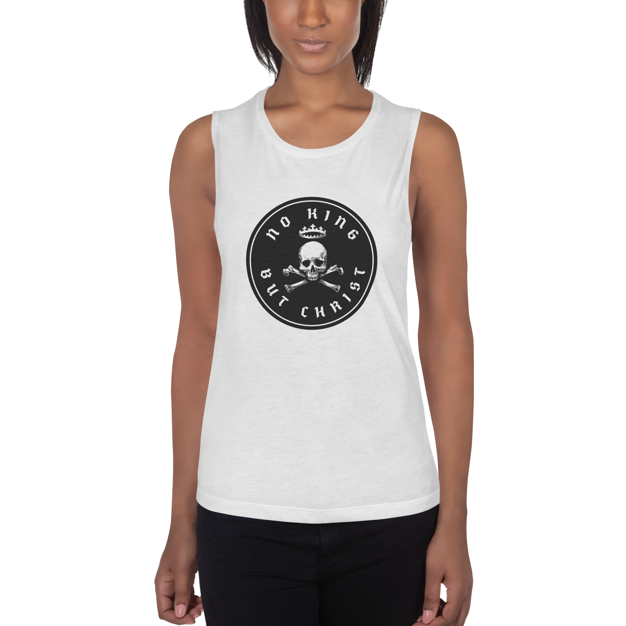 No King But Christ seal women's flowy muscle tank in white featuring black crowned skull-and-crossbones emblem, faith-based apparel by Glenn Beck Shop