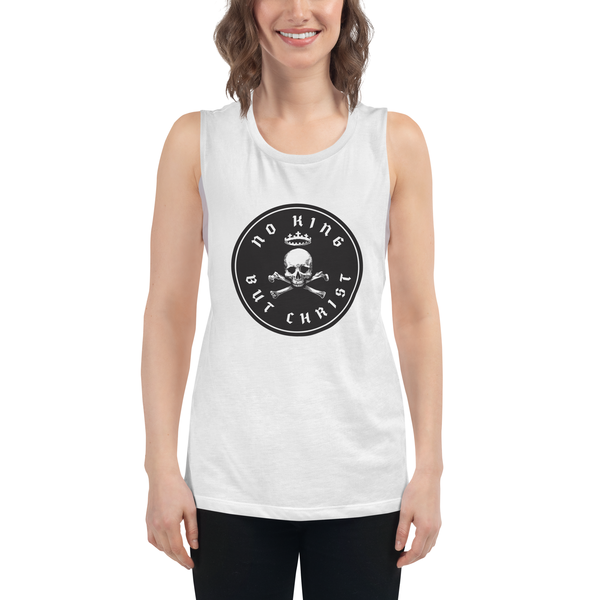 Woman wearing white No King But Christ seal women's flowy muscle tank with black crowned skull-and-crossbones emblem, faith-based apparel by Glenn Beck Shop