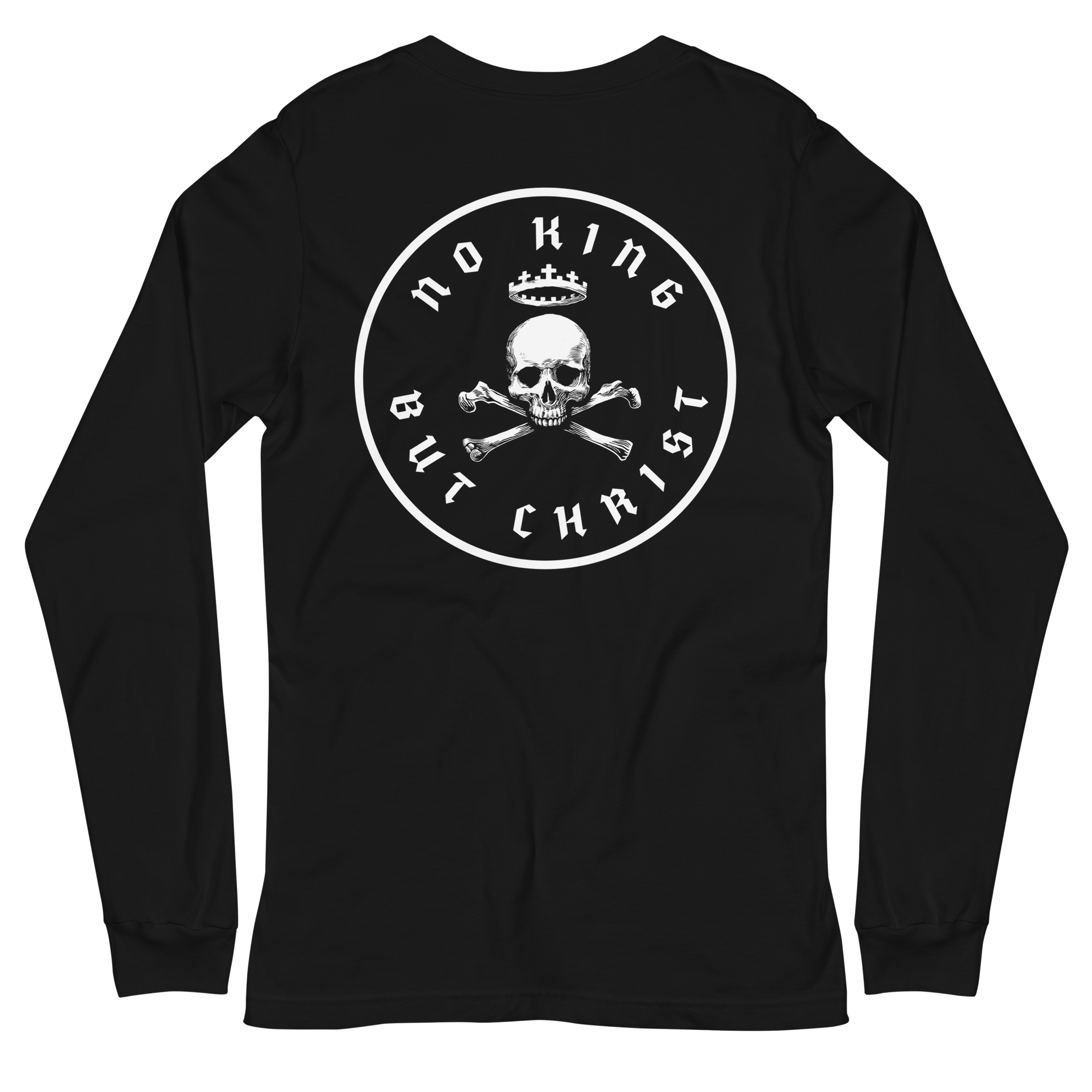 Back view of Sovereign Faith Edition black long sleeve tee with No King But Christ emblem, unisex 100% cotton, Glenn Beck Shop