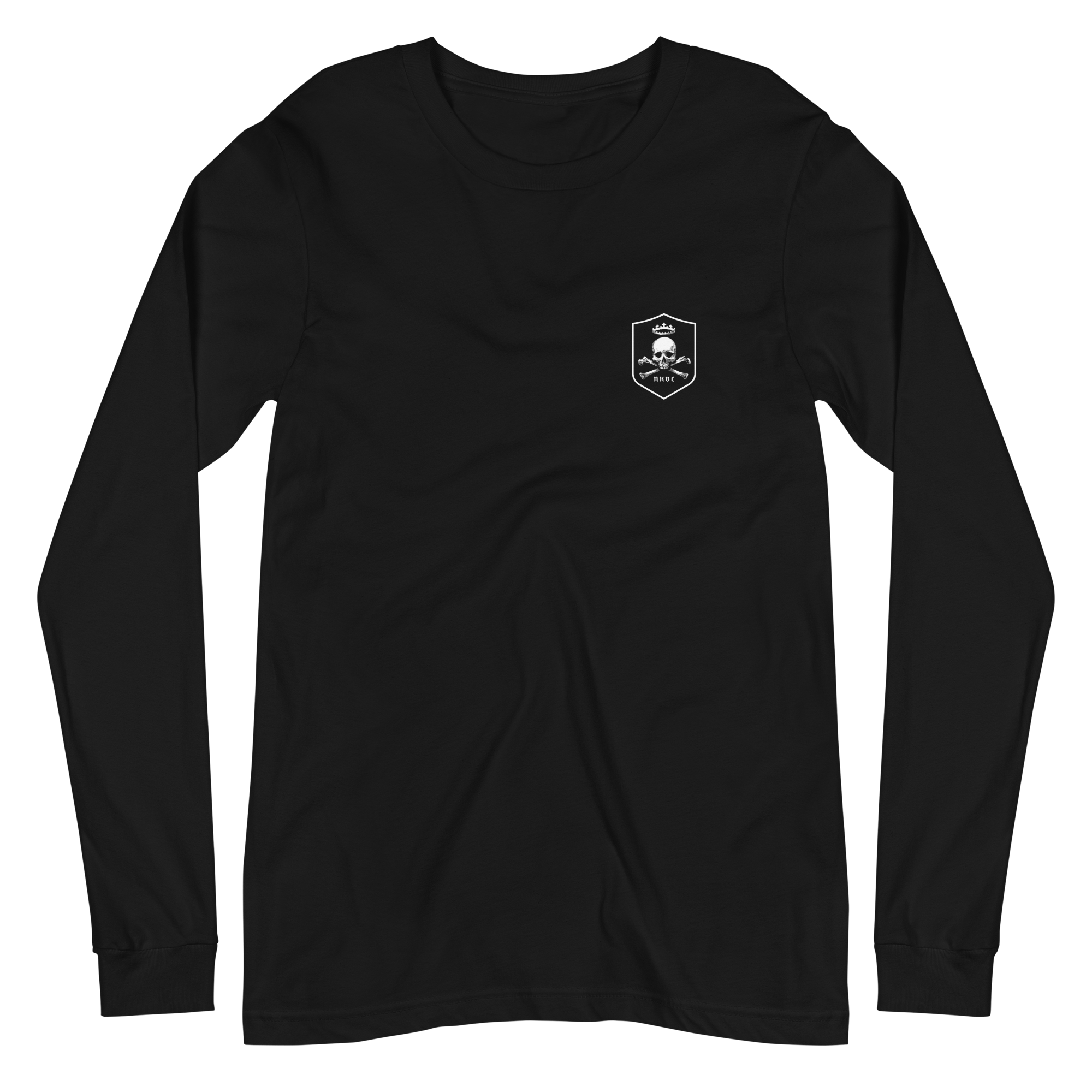 Front view of Sovereign Faith Edition black long sleeve tee with No King But Christ emblem, unisex 100% cotton, Glenn Beck Shop