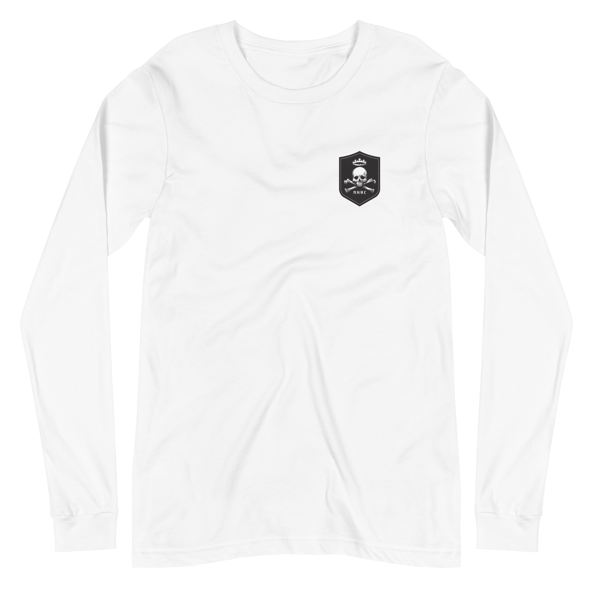 Front view of Sovereign Faith Edition white long sleeve tee with No King But Christ emblem, unisex 100% cotton, Glenn Beck Shop