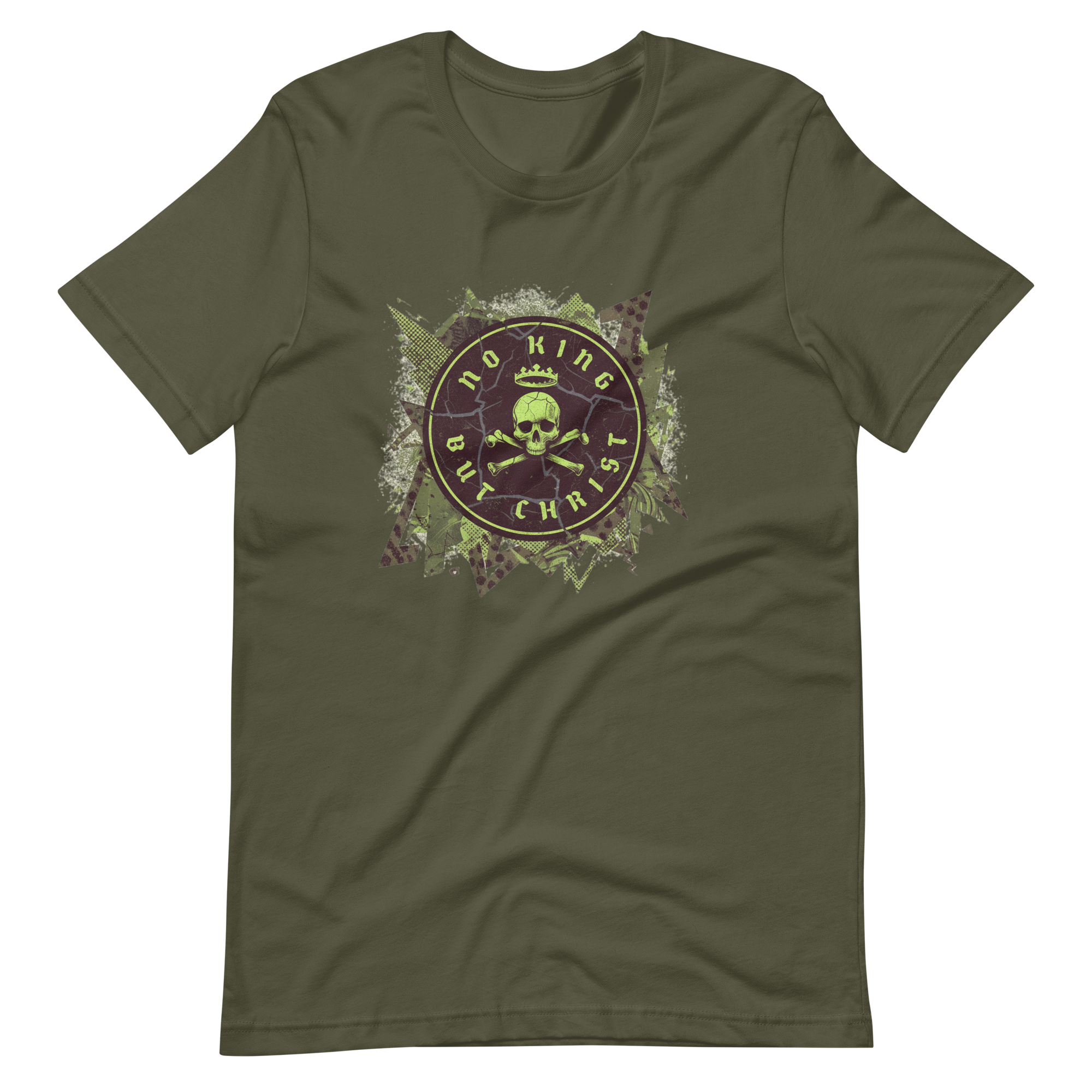 Crowned Skull Emblem unisex No King But Christ T-shirt in military green – Glenn Beck Shop
