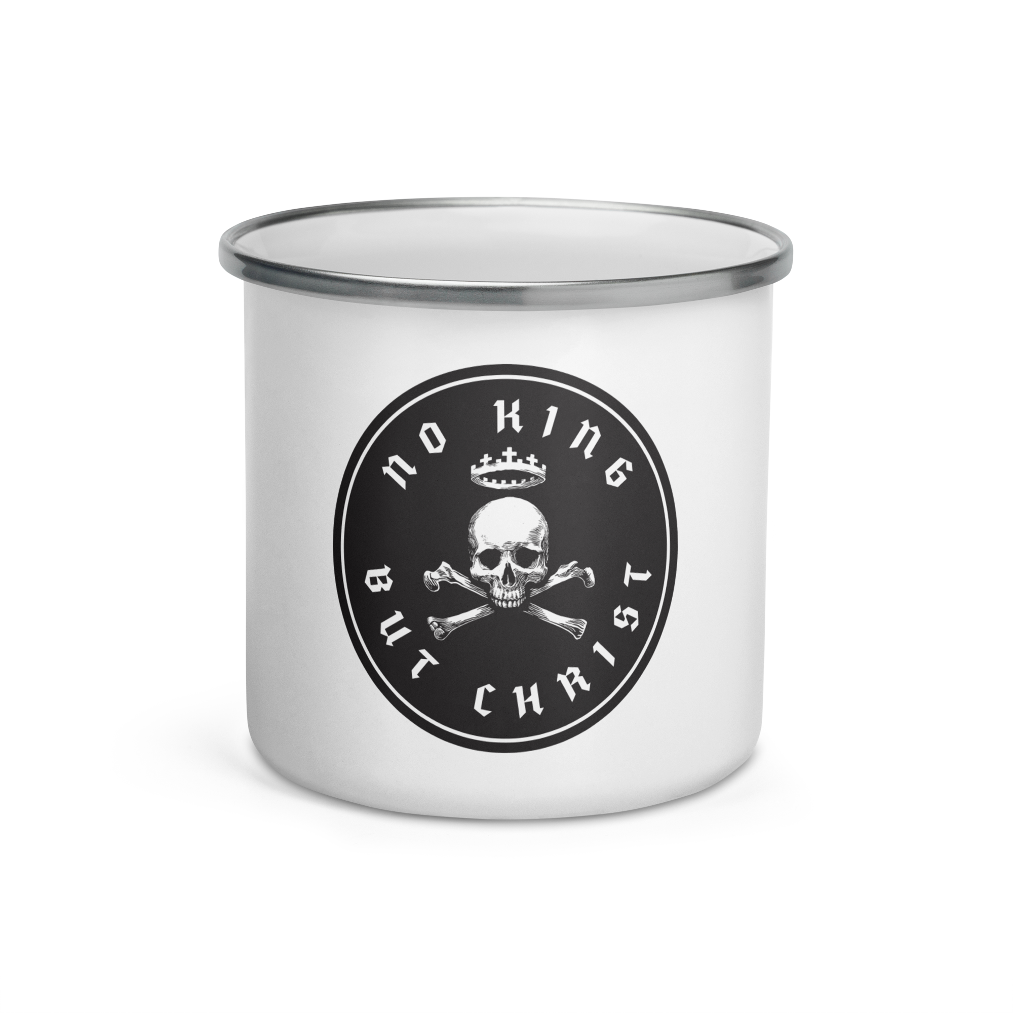 No King But Christ Skull and Crown Enamel Camp Mug – front view