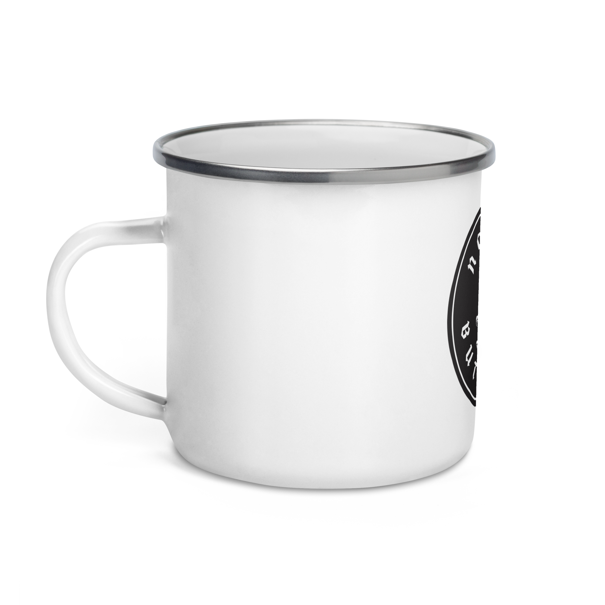 Faith camp mug – left handle view with silver rim