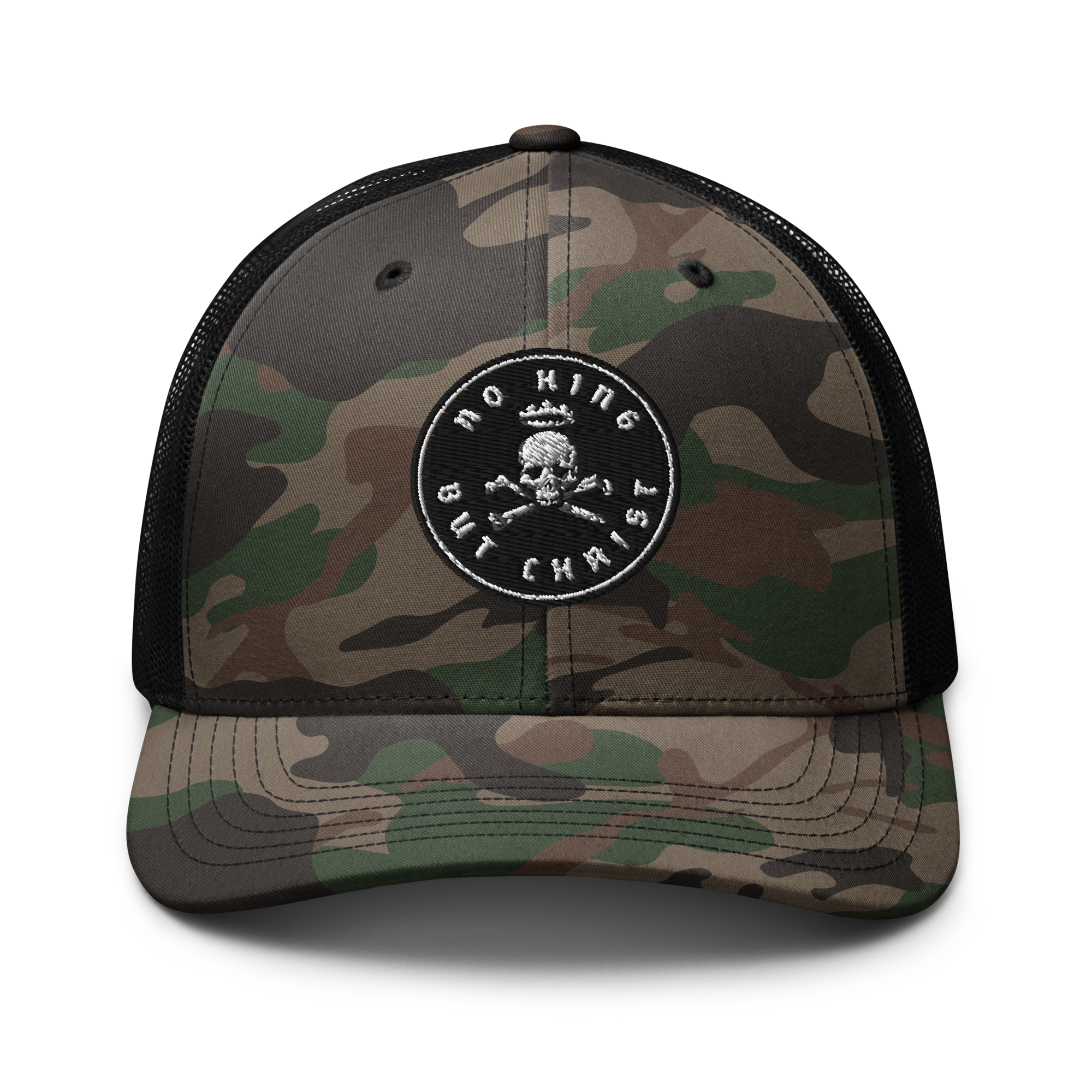 No King But Christ Camouflage Trucker Hat front view