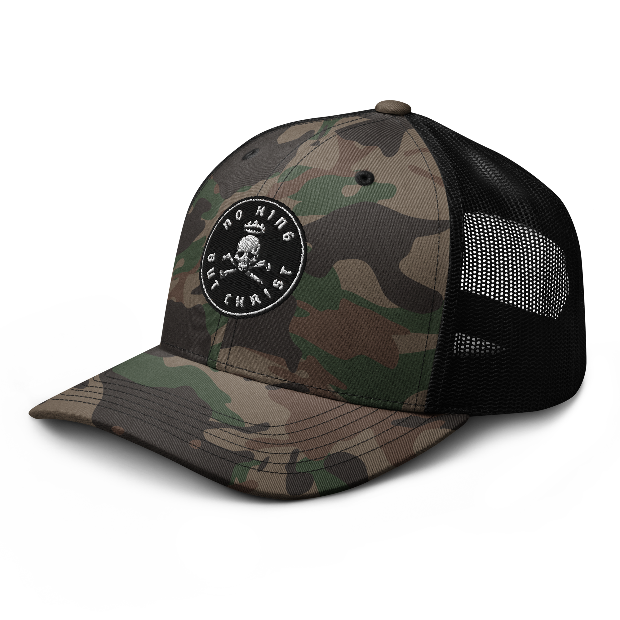 No King But Christ Camouflage Trucker Hat left front angle
