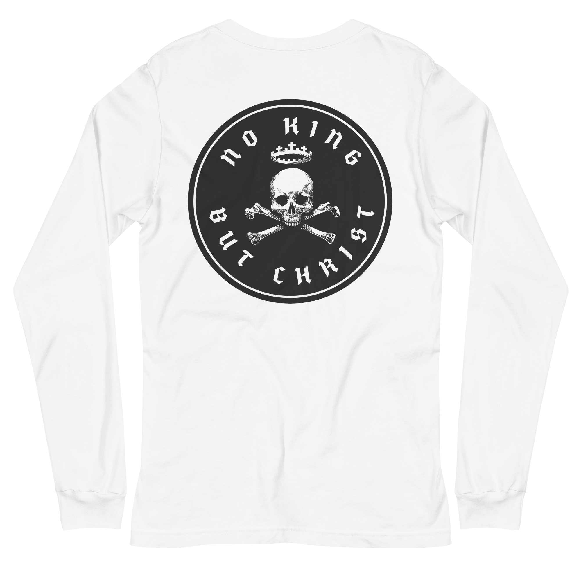 Back view of Sovereign Faith Edition white long sleeve tee with No King But Christ emblem, unisex 100% cotton, Glenn Beck Shop